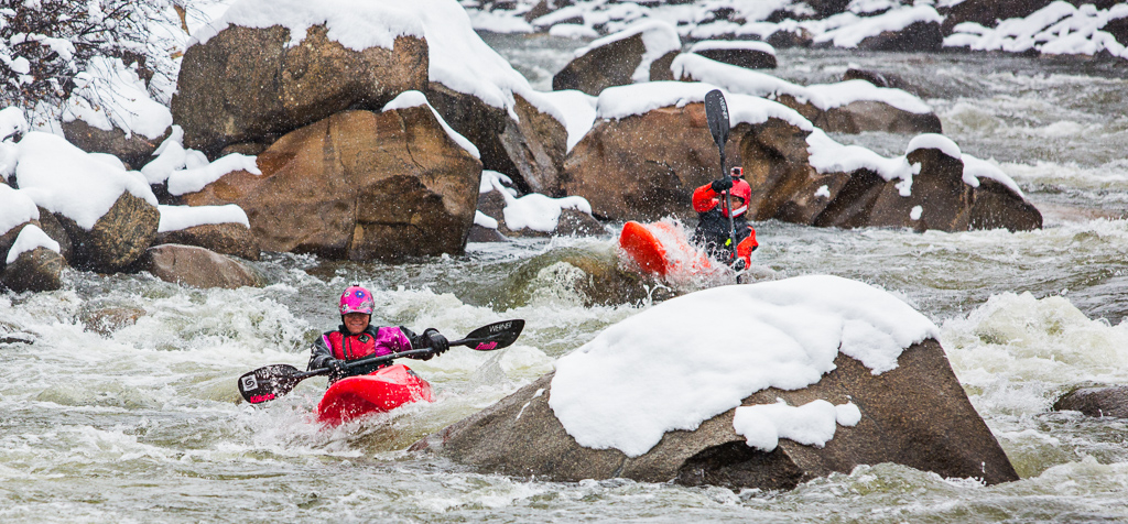 Emily Jackson Troutman and Sage Donnelly get a snowy lap down the Numbers Section of the Arkansas River, CO